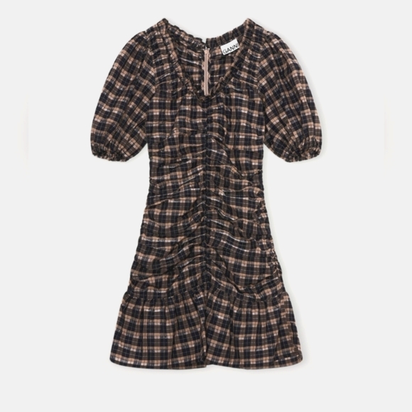 NWT Ganni Ruffled Ruched Mini Checkered Dress - Picture 3 of 4
